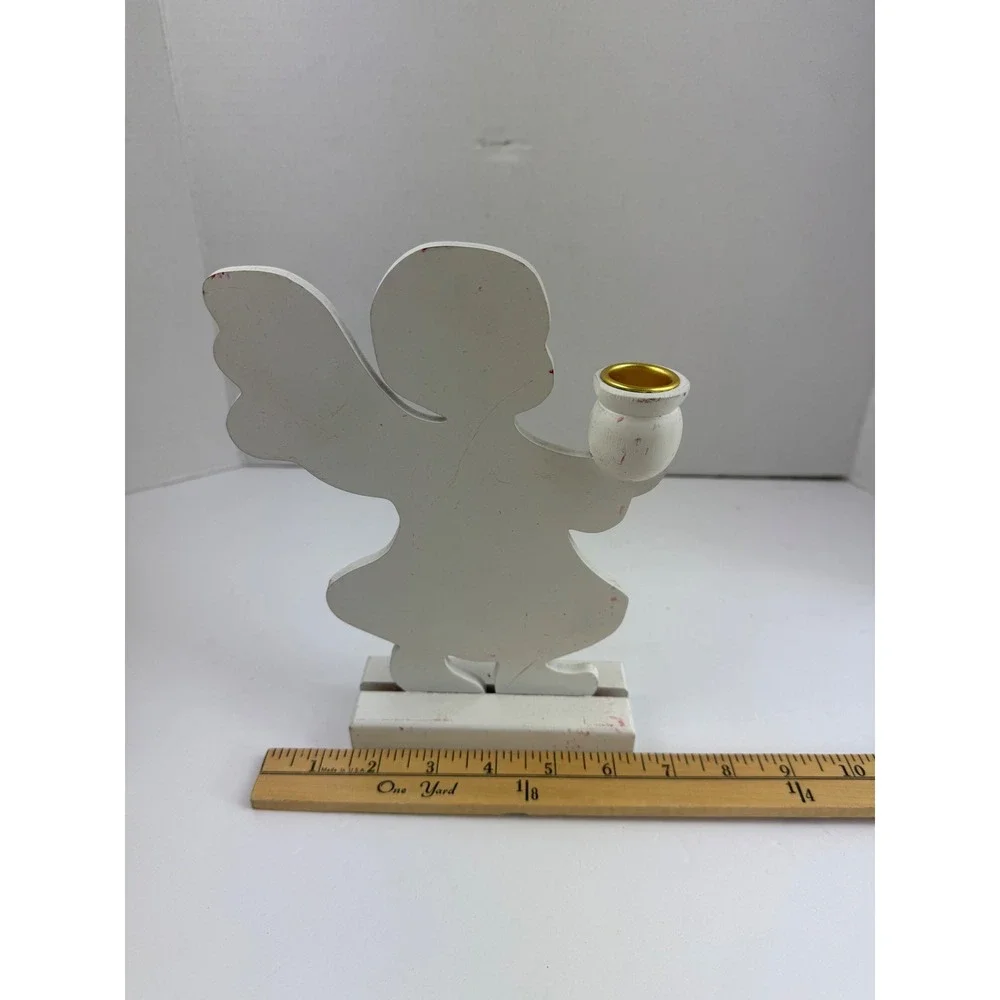 Vintage White Wooden Angel Taper Candle Holder Folk Art Christmas Decor 8.5 Inch
